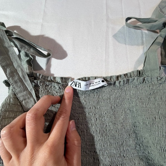 ZARA Sage Green Eyelet Maxi Dress Smocked Tie Shoulder Boho Cottagecore M - Picture 5 of 7